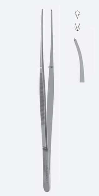 Пінцети, хірургічні, "Taylor", для тканин, вигнуті, кінчик 1,4 мм, зубці 1 х 2, загальна довжина 180 мм, 7 1/8". Бренд - Asanus Medizintechnik Gmb, Німеччина